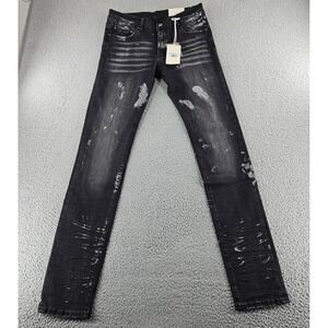 mnml Jeans Men 30 Black X143 Stretch Denim Slim Fit Grunge Skater Paint Splatter